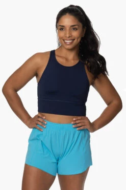 Janie High Waisted Run Short - Cyan Blue -Outlet Aqua Surf Wears Store Activewear Bottoms Janie Cyan Front KianiSouza 120222