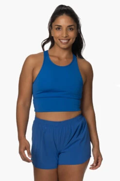Janie High Waisted Run Short - Olympia Blue -Outlet Aqua Surf Wears Store Activewear Bottoms Janie Olympian Blue Black Front KianiSouza 120222