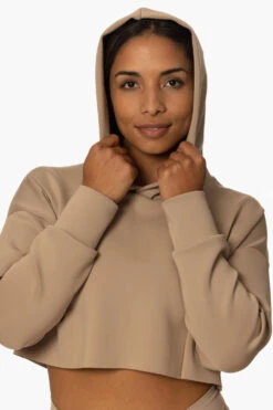 Cardiff Cropped Hoodie - Mocha -Outlet Aqua Surf Wears Store Activewear Tops Tia Collection Solid Cardiff Mocha Front Hoodie Up Close Up KianiSouza 112222