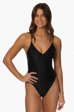 Juana Surf One Piece - Black -Outlet Aqua Surf Wears Store Surf Onesies Juana Solid Black Front MiaClark 011623