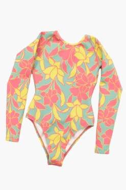 Lennon Long Sleeve Surf One Piece - Treasure Island -Outlet Aqua Surf Wears Store Surf Tops Lennon Print TreasureIsland Flatlay Front Jocelyn 010423
