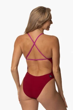 Brandon 2 Swim Onesie - Cranberry & French Mullbery -Outlet Aqua Surf Wears Store Swim Onesies Brandon 2 Contrast CRANFM Back Side2 ChristinaQuakernik 021123