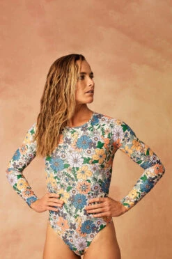 Endure Onesie - Magnolia -Outlet Aqua Surf Wears Store Swim Onesies Endure Prints Magnolia Front CourtneySurf Courtney