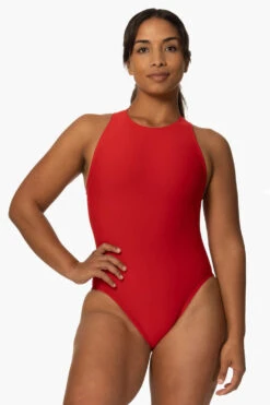 Fairlie Water Polo Suit - Red -Outlet Aqua Surf Wears Store Swim Onesies Fairlie Solid Red Front2 KianiSouza 112222