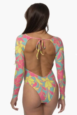 Lennon Long Sleeve Surf One Piece - Treasure Island -Outlet Aqua Surf Wears Store Swim Onesies Lennon Prints TreasureIsland SideBack KarolMartin 121322