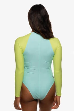 Paloma Long Sleeve Zip-Up Surf One Piece - Aqua & Limeade -Outlet Aqua Surf Wears Store Swim Onesies Paloma Contrast Aqua Limeade Back Liz 052422