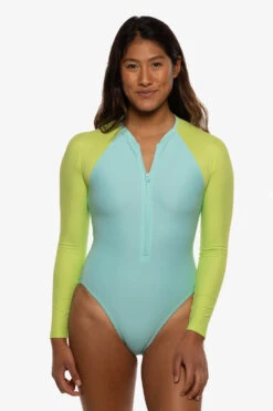 Paloma Long Sleeve Zip-Up Surf One Piece - Aqua & Limeade -Outlet Aqua Surf Wears Store Swim Onesies Paloma Contrast Aqua Limeade Front Liz 052422