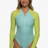 Paloma Long Sleeve Zip-Up Surf One Piece - Aqua & Limeade