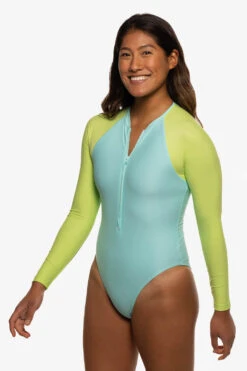 Paloma Long Sleeve Zip-Up Surf One Piece - Aqua & Limeade -Outlet Aqua Surf Wears Store Swim Onesies Paloma Contrast Aqua Limeade Side Liz 052422