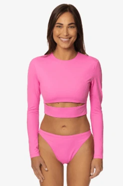 Taranaki Long Sleeved Crop Cut-Out Rashie - Passion -Outlet Aqua Surf Wears Store Swim Top Taranaki Print Passion Front LisaDillon 040323